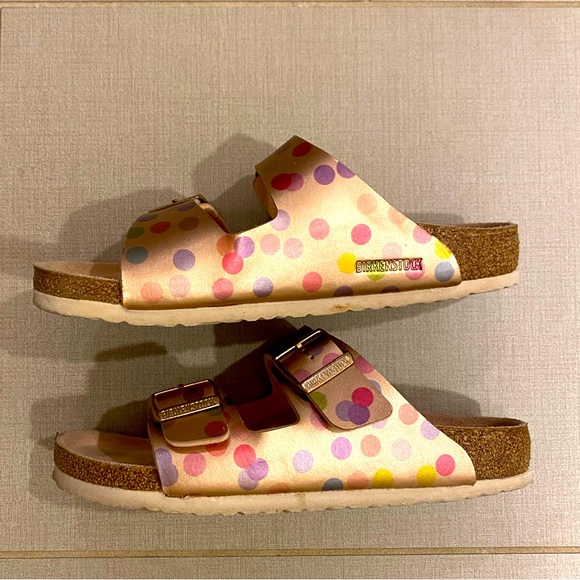 Birkenstock Arizona Sandals Kids’ Rose Gold Metallic/Multicolor Polka Dot - Picture 1 of 5